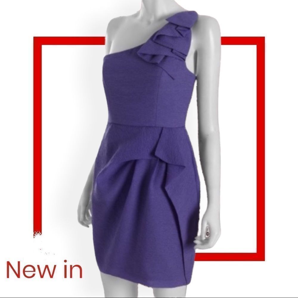 Lavender purple ruffled or touched one shoulder above the knee dress
